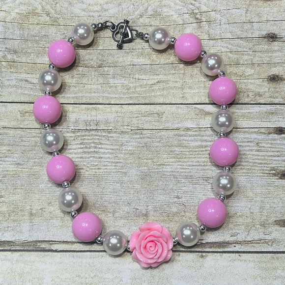 Other - Girls Bubblegum Necklace Light Pink & Pearl With Rose Charm